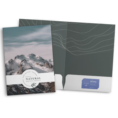 Beautifully branded and custom designed, full-color, double-sided 9"x12" pocket folder  with four inch deep pockets, die cut for a business card on the right hand pocket.