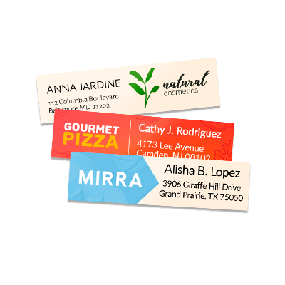 Three custom branded address labels