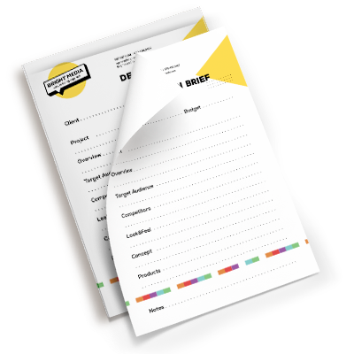 Bright colorful creative request marketing brief form on an 8.5x11 inch notepad