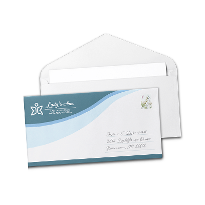 Blue and white branded #10 personalized envelope