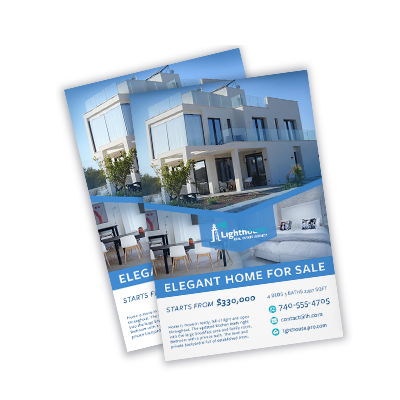 A set of two blue custom real estate flyers printed by Overnight Prints