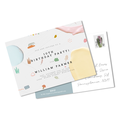 Colorful double-sided birthday invitation, addressed as a mailer with a stamp