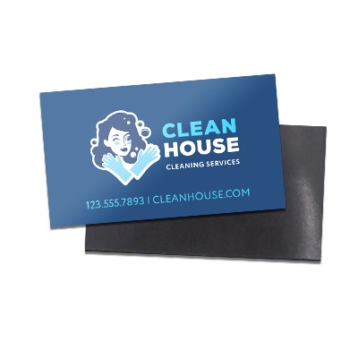Bright blue 3.5x2 inch business card sized magnet, advertising a cleaning service