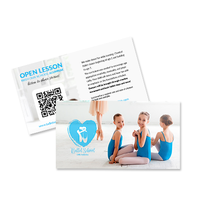 Perfect little princesses showcased on a beautifully printed double sided 6x11 inch ballet school jumbo mailer featuring a QR code linking to the school website.