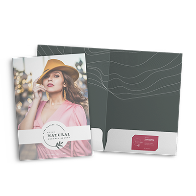 Beautiful double sided custom fashion pocket folder with 4 inch deep pocket and red premium business card perfectly placed in the custom insert